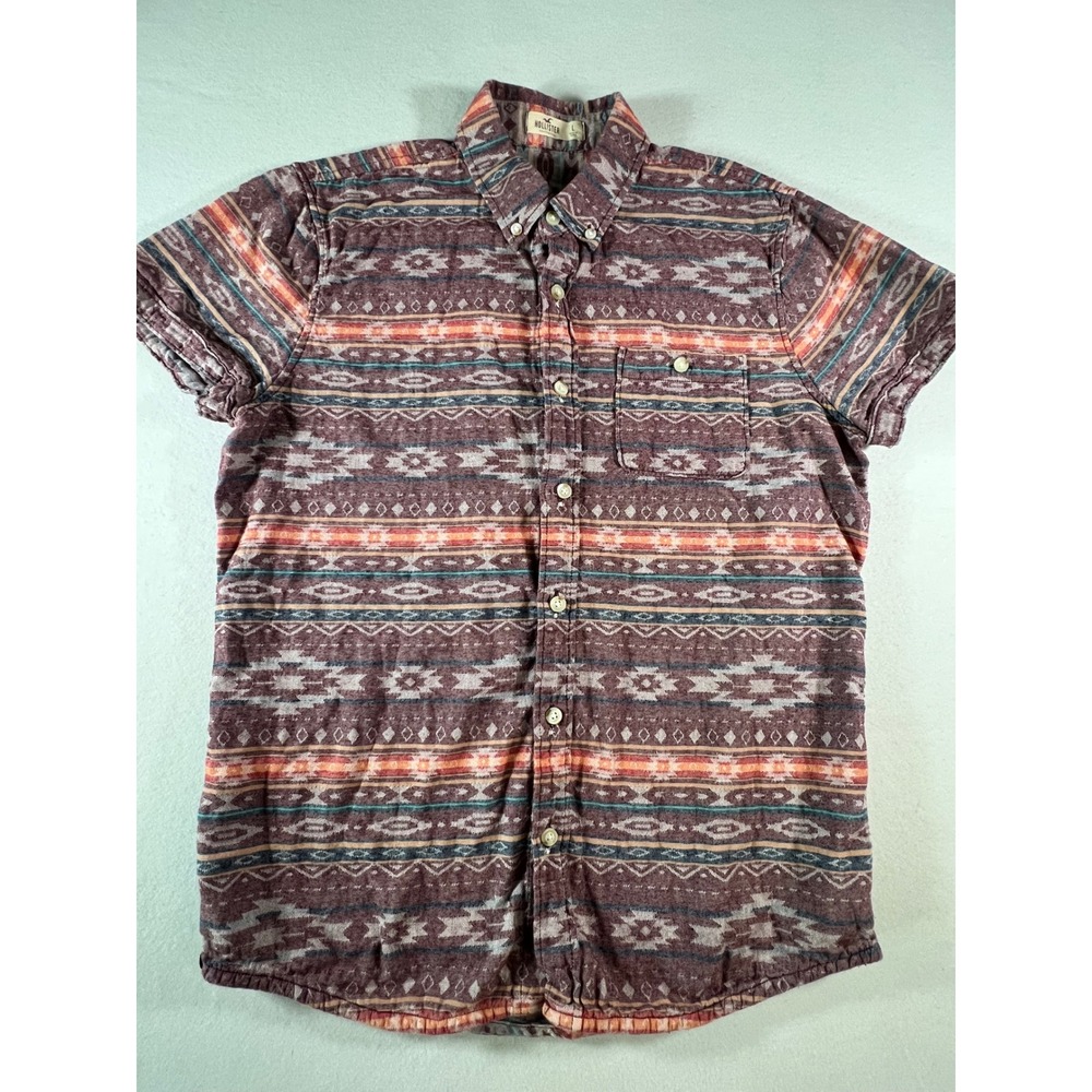 Hollister Mens Large Short Sleeve Button Down Tribal Southwestern Aztec Shirt